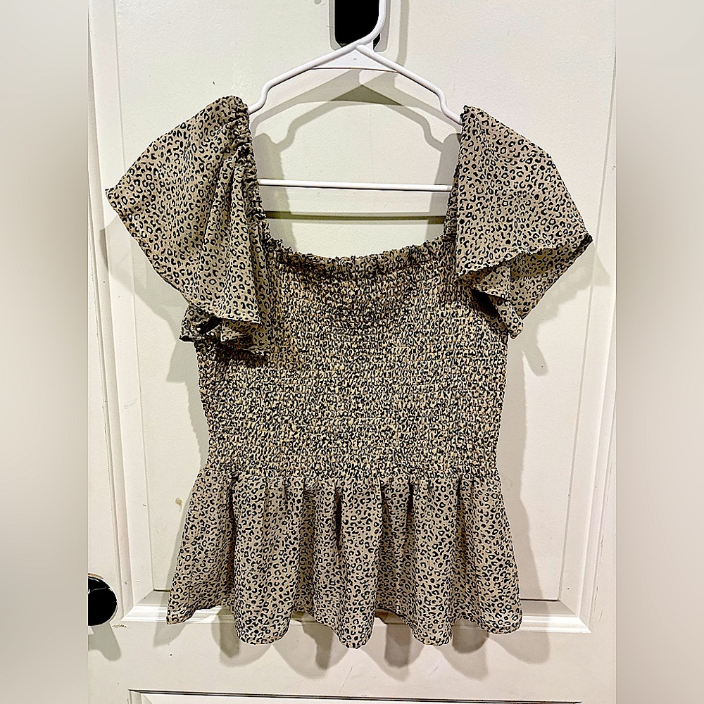 Leopard Print Smocked Off-Shoulder Top